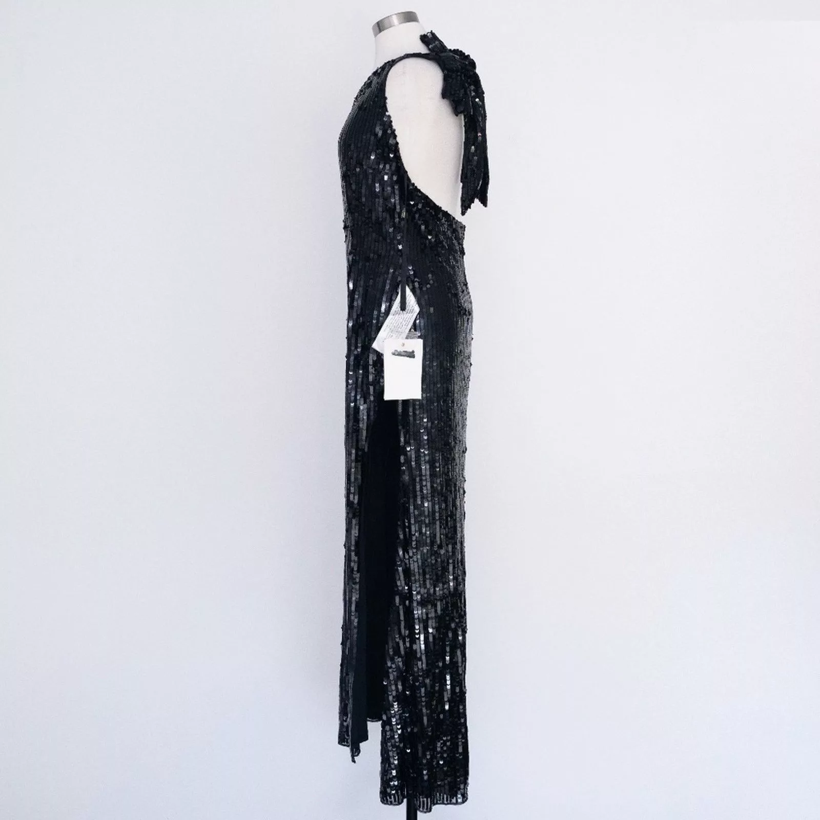 Designer Midi Dresses Designer Mac Duggal. Sequined One Shoulder Back Bow Detail Gown. Black