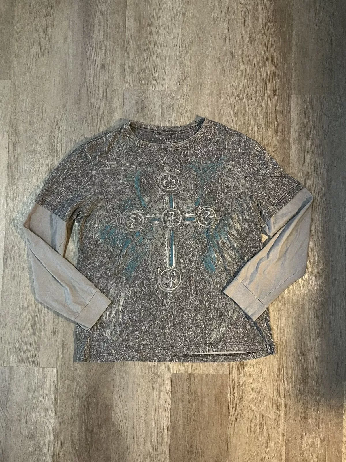 Affliction Long Sleeve T Shirts Affliction × Helix × Tapout Y2K Longsleeve affliction like shirt grey and blue Gray