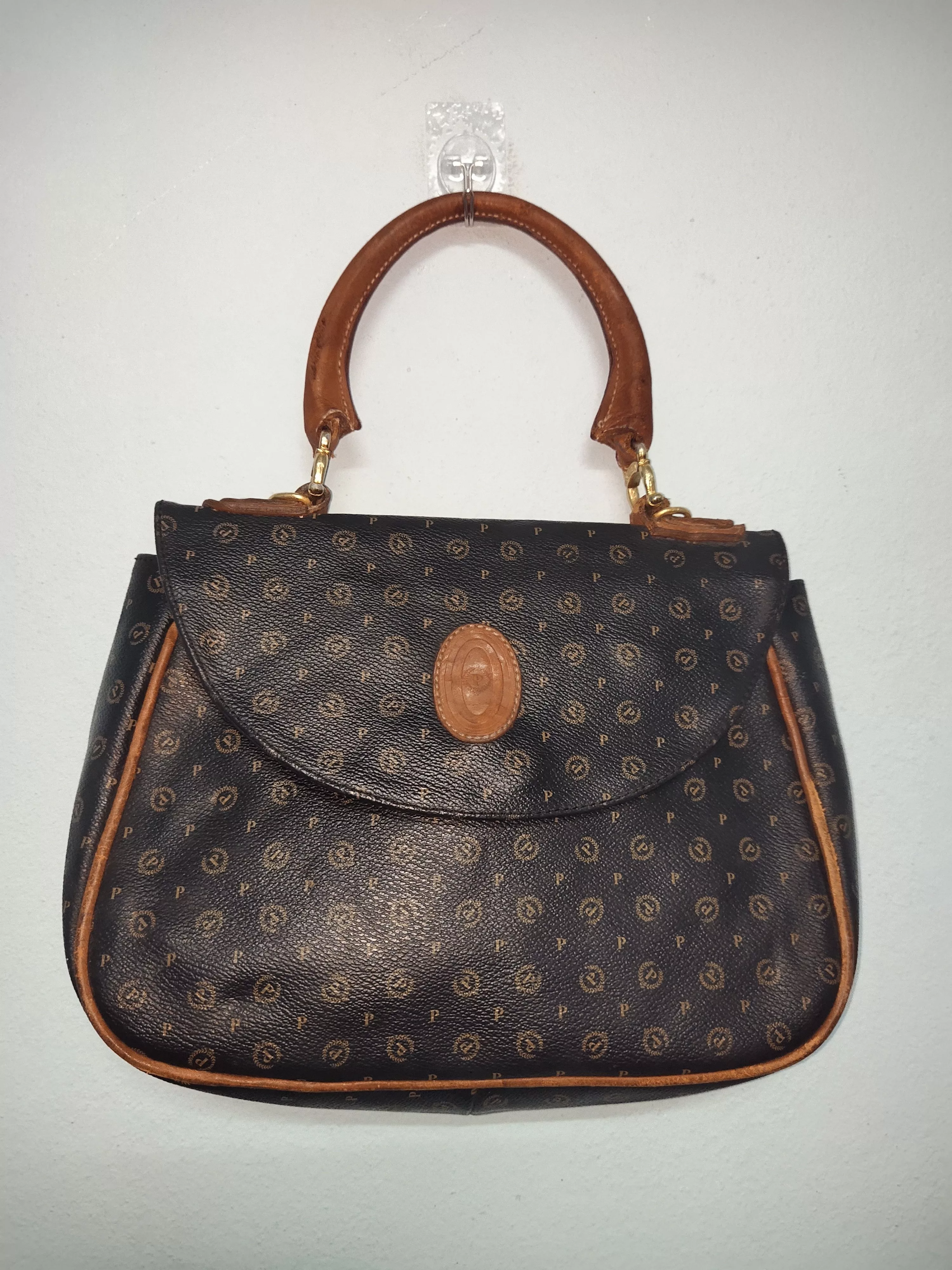 Leather Handle Bags Leather × Pollini Pollini Monogram Leather Handle Bag Black