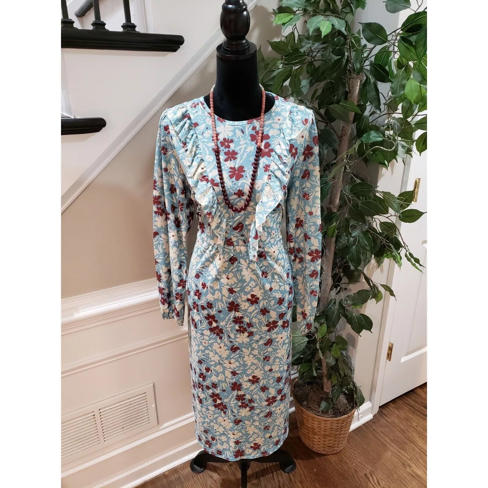 Zara Midi Dresses Zara Floral Polyester Long Sleeve Knee Length Dress Size M Blue