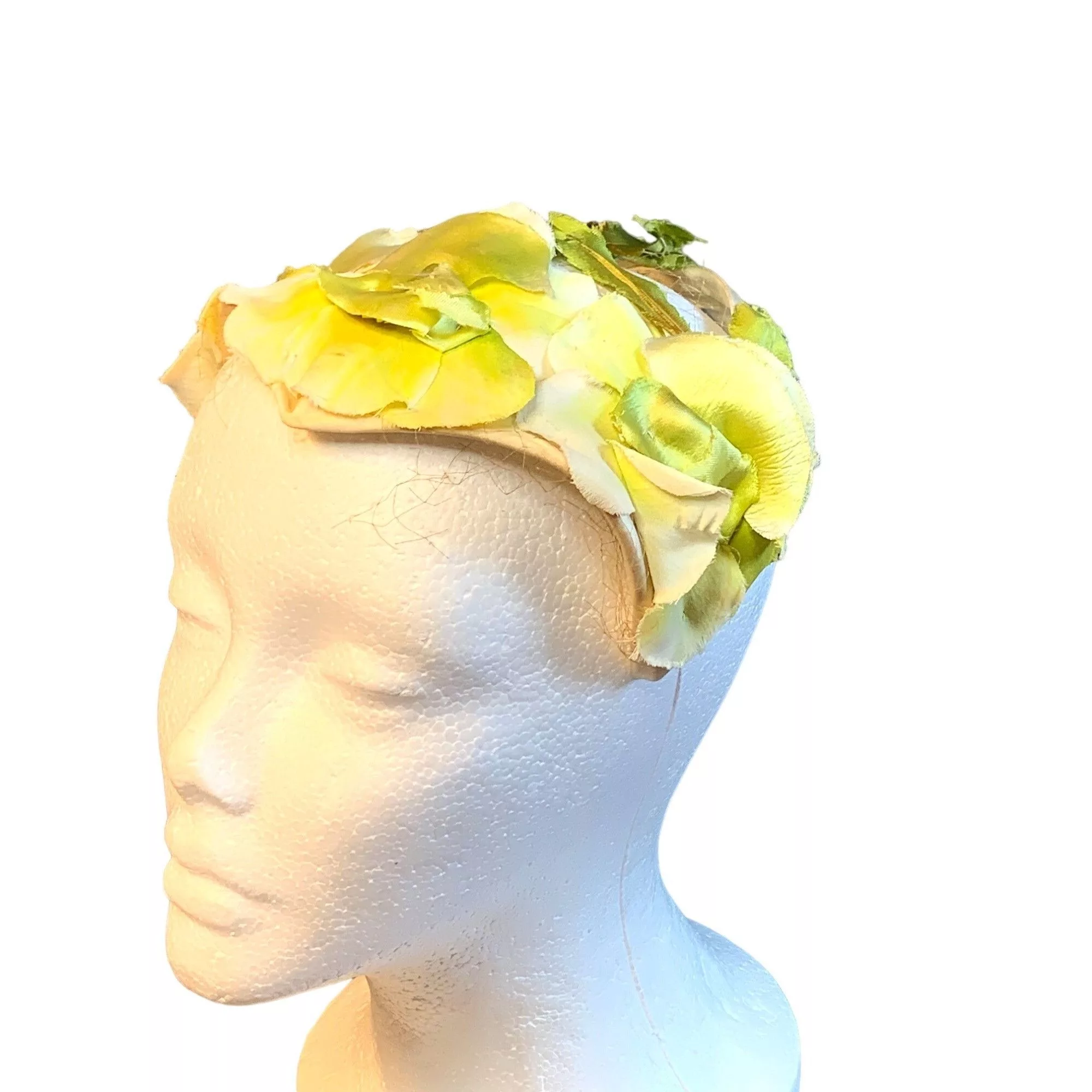 Vintage Hats Ladies Green and Ivory Silk Flowers Hat Vintage