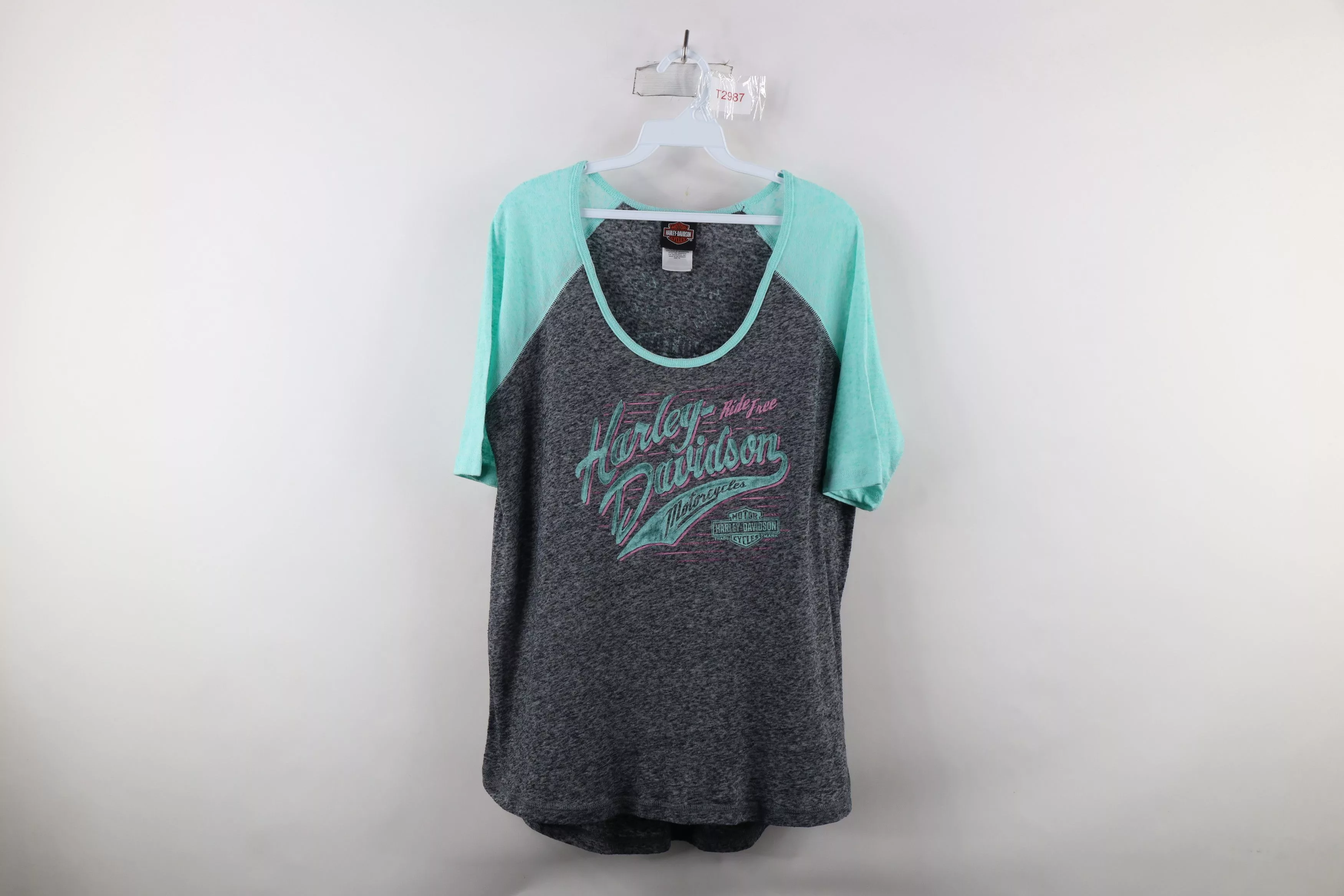 Harley Davidson Short Sleeve T Shirts Harley Davidson × Vintage Y2K Harley Davidson Knit Spell Out Raglan T-Shirt Gray Multi