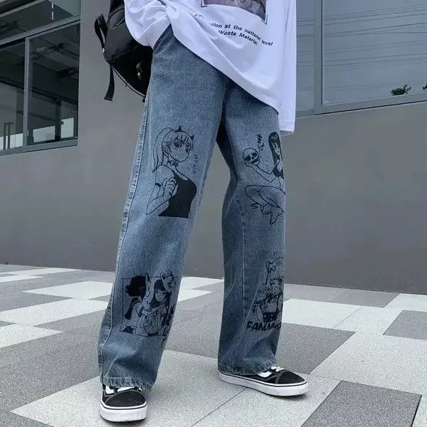 Designer Denim Designer × Japanese Brand Unisex jeans graffiti print Korean American hip-hop style Blue Streetwear