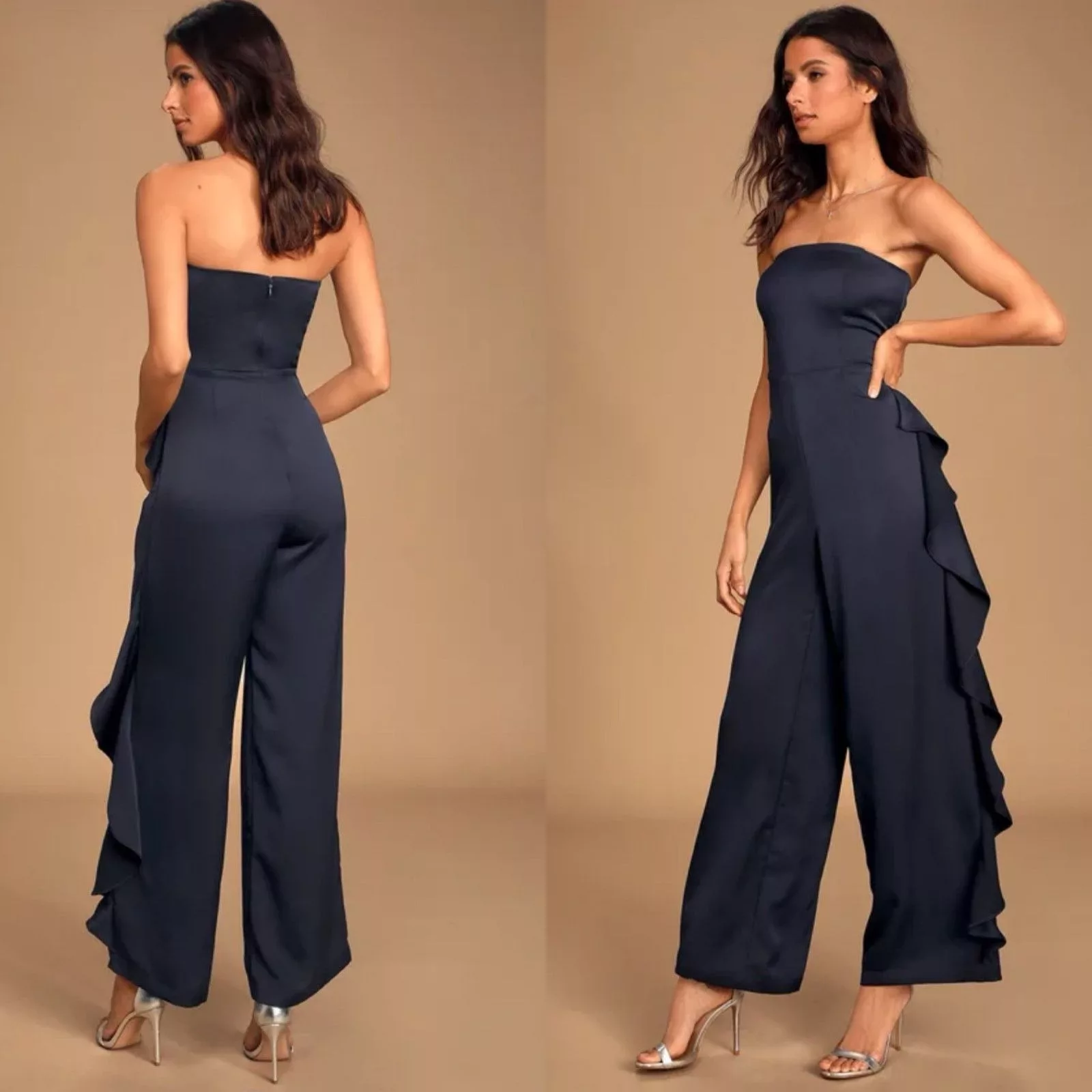 Other Jumpsuits Other Cascading Love Navy Blue Strapless Ruffled Wide-Leg Jumpsuit