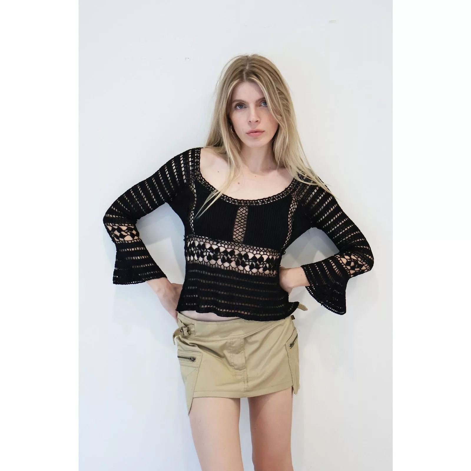 Vintage Blouses Y2K Vintage Black Crochet Knit Backless Top with Tie Back