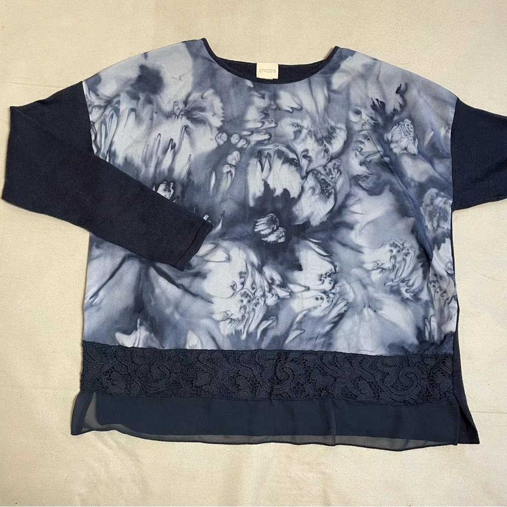 Chicos Sweaters Chicos Chico's Blue Floral Sweater Size 2 US L
