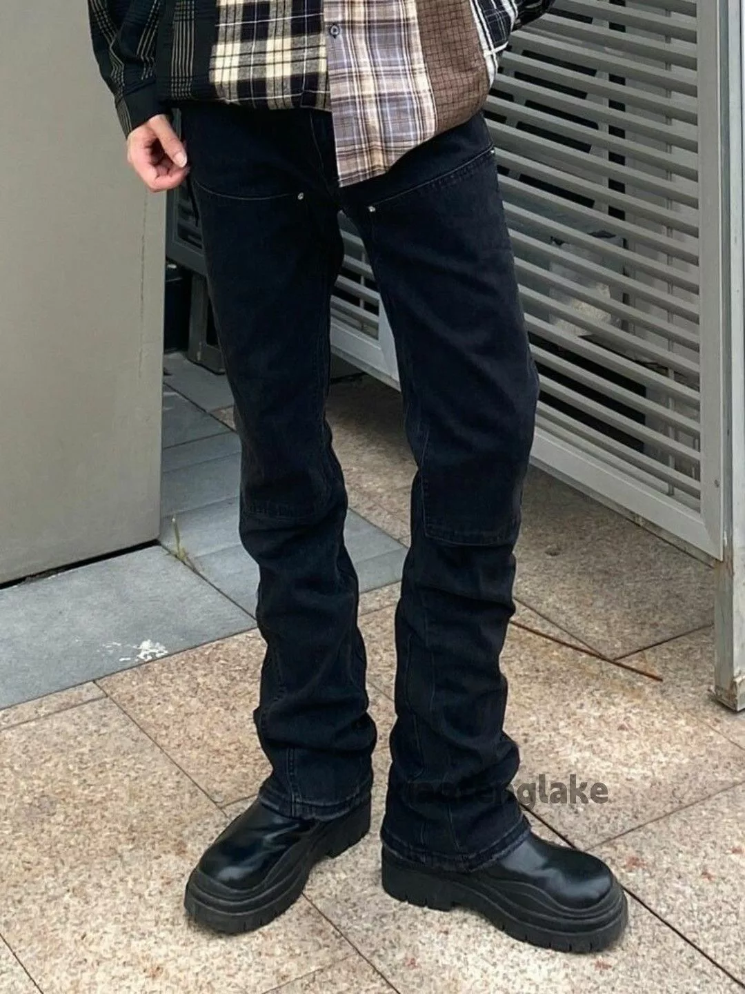 Jean Denim Jean × Vintage washed faded patchwork carpenter utility flared jeans Black