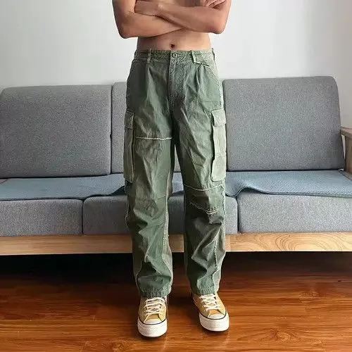 Jean Casual Pants Jean multi function outdoor patch patchwork fade cargo pants Green Avant-Garde