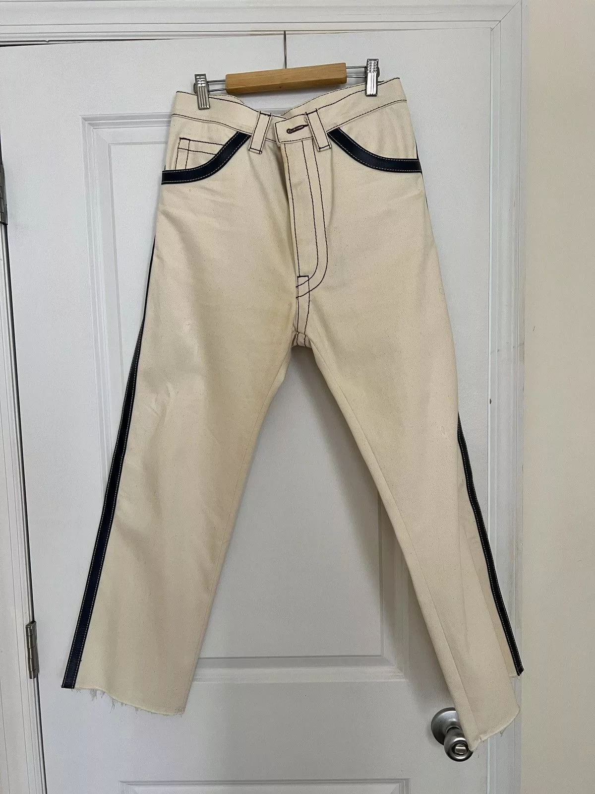 Prada Denim PRADA Spring 2015 leather trim natural color denim jeans 30 White