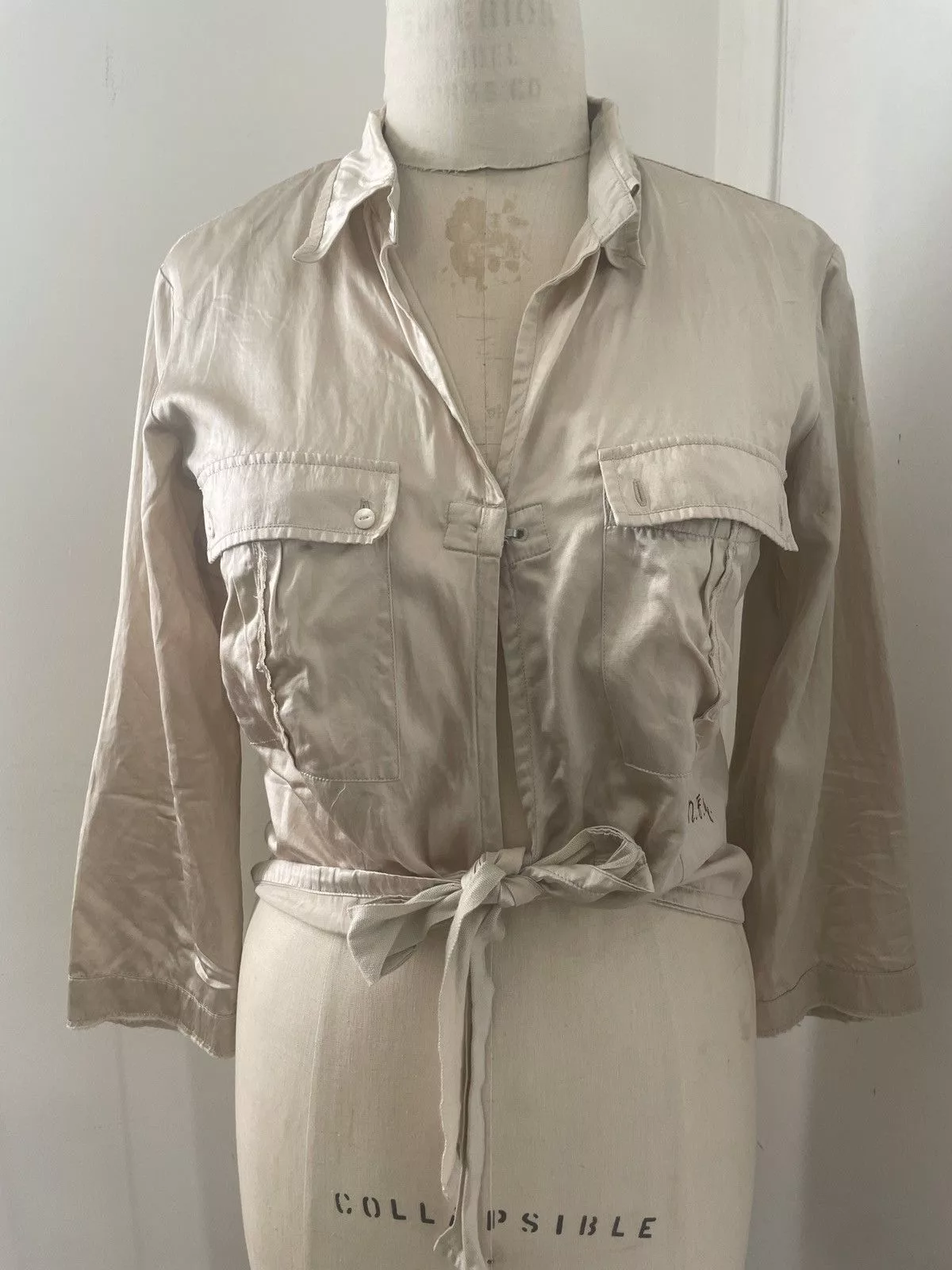 Marithe + Francois Girbaud Blouses Marithe + Francois Girbaud Marithe Girbaud tie front crop top blouse taupe silk cotton Beige