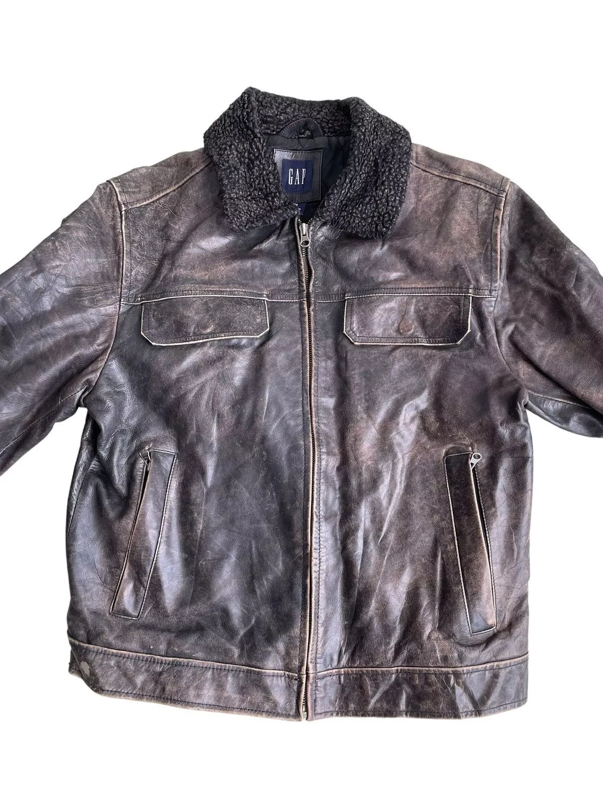 Gap Leather Jackets 1990s GAP 🇺🇸 Fur Neck Leather Biker Jacket Black