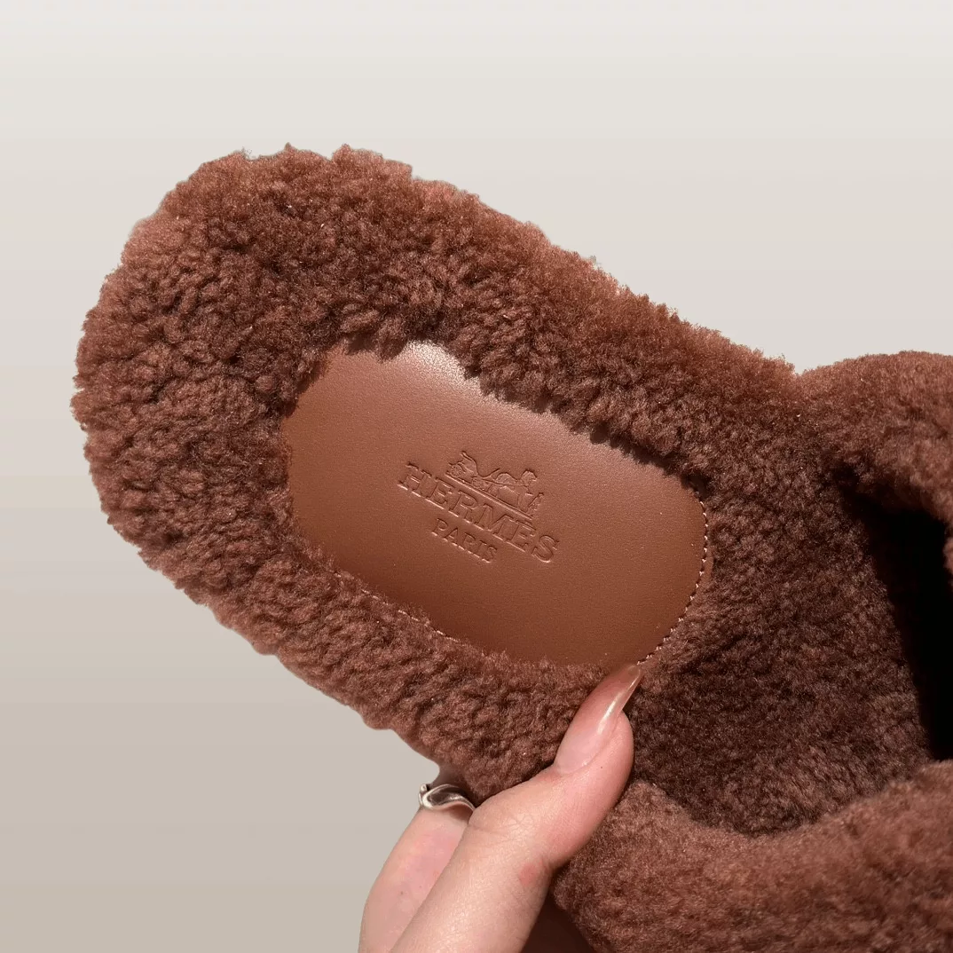 Hermes Sandals Hermes Izmir Cognac Brown Shearling Mule Sandals Multi