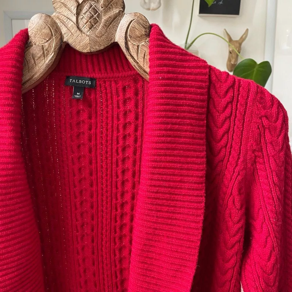 Other Sweaters Other Talbots Garnet Red Cable Knit Open Front Cardigan Sweater M