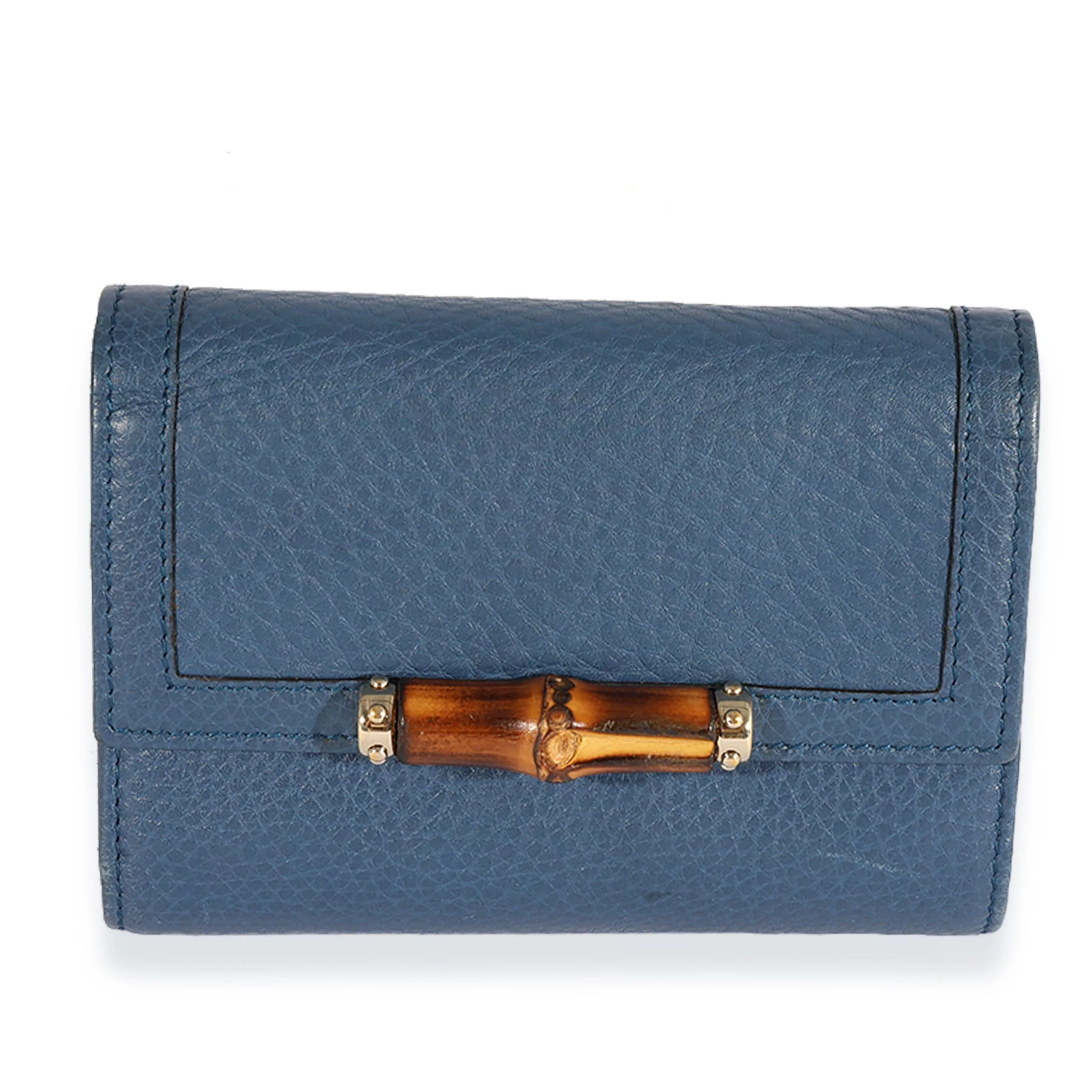 Gucci Rings Gucci Blue Pebbled Leather Bamboo Trifold Wallet