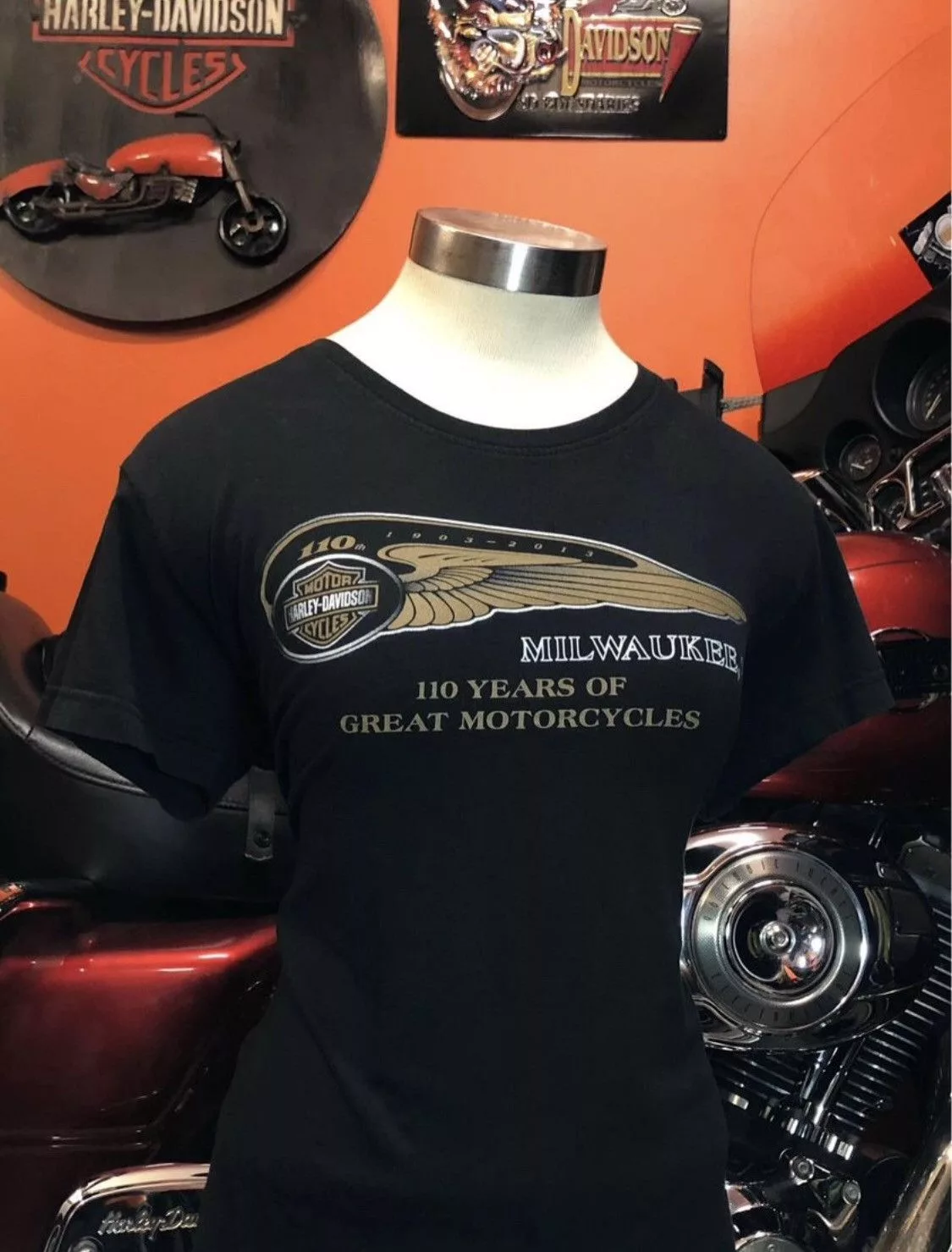 Harley Davidson Short Sleeve T Shirts Harley Davidson Shirt L Women 110 YEARS OF GREAT MOTORCYCLES Black