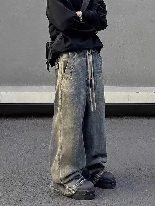 Ring Of Fire Denim Ring Of Fire Retro wash gradient drawstring work wide leg jeans Black Avant-Garde