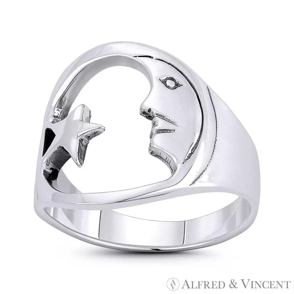 Other Rings Other Waxing Crescent Moon Face & Star Lunar Charm Ring Silver