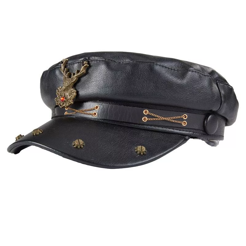 Leather Hats Leather × Vintage Peaked Cap Leather Cyberpunk Hunter with Screw Stud Black