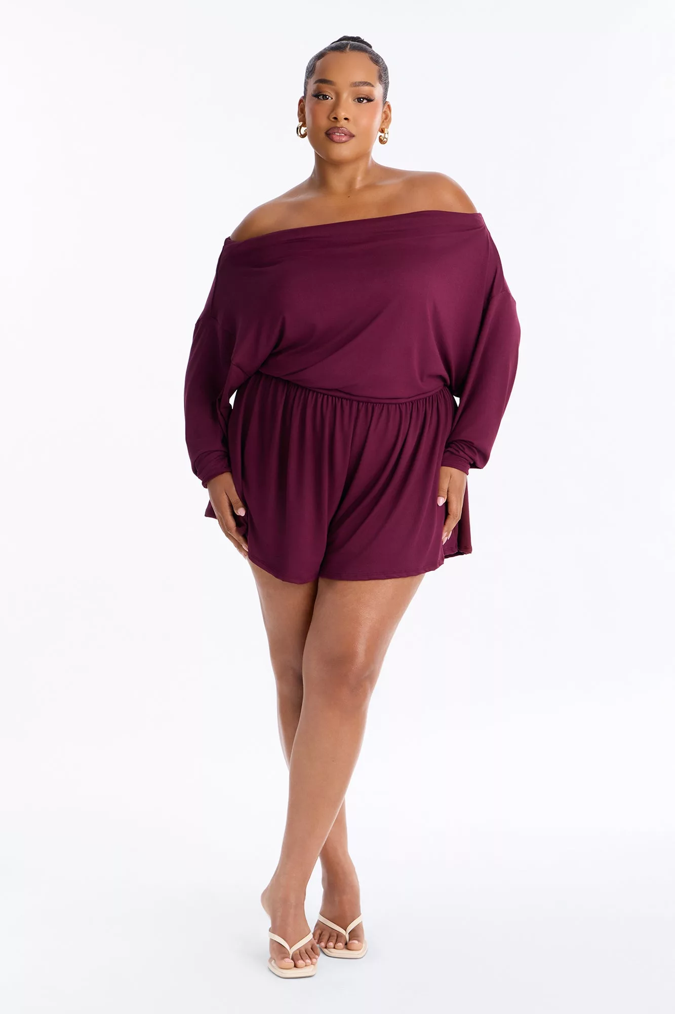 Amelia Off Shoulder Flowy Romper - Plum
