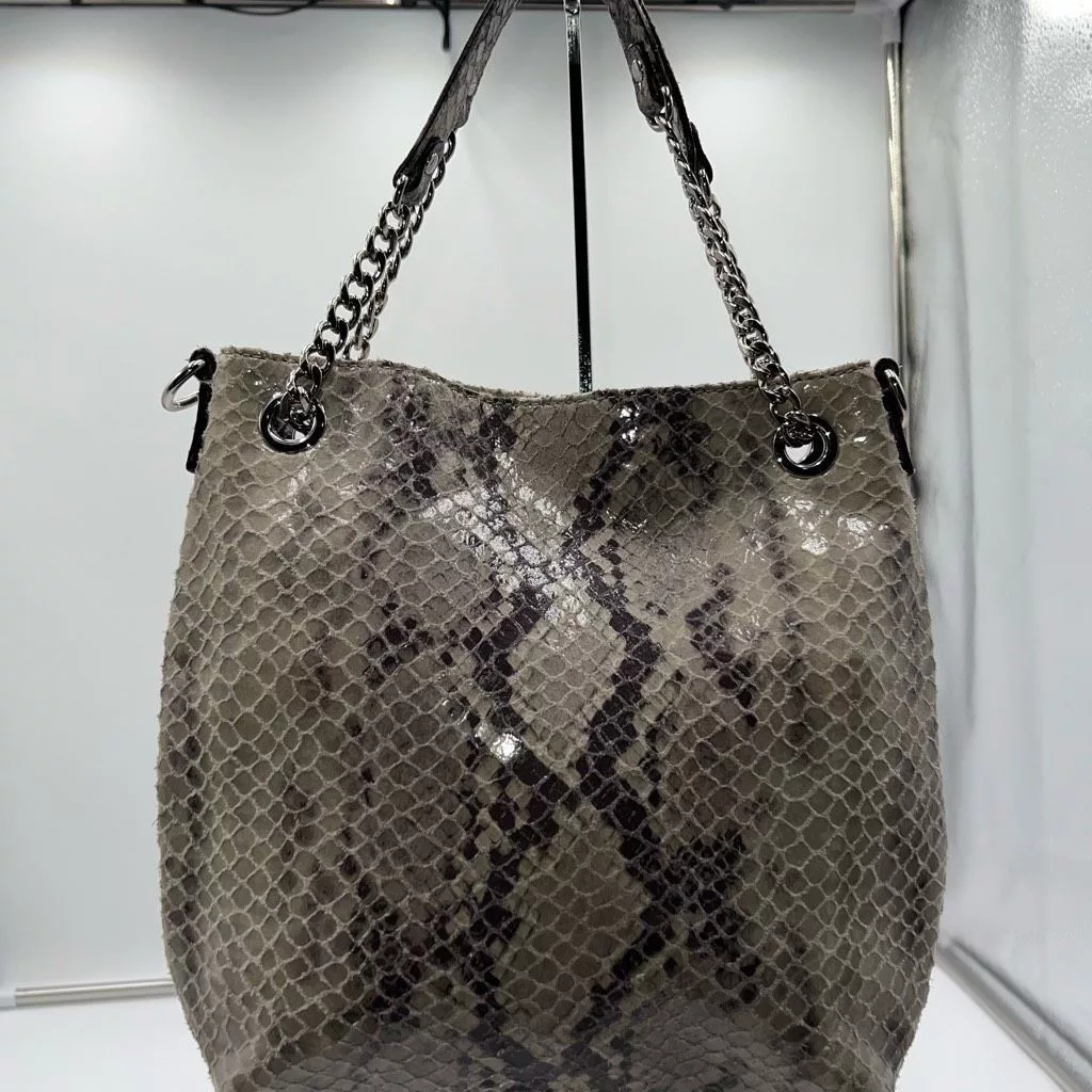 Michael Kors Handle Bags MICHAEL KORS Chain Python Leather JET SET Tote Hobo Convertible Shoulder Bag WITH UNBRANDED CHAIN Gray