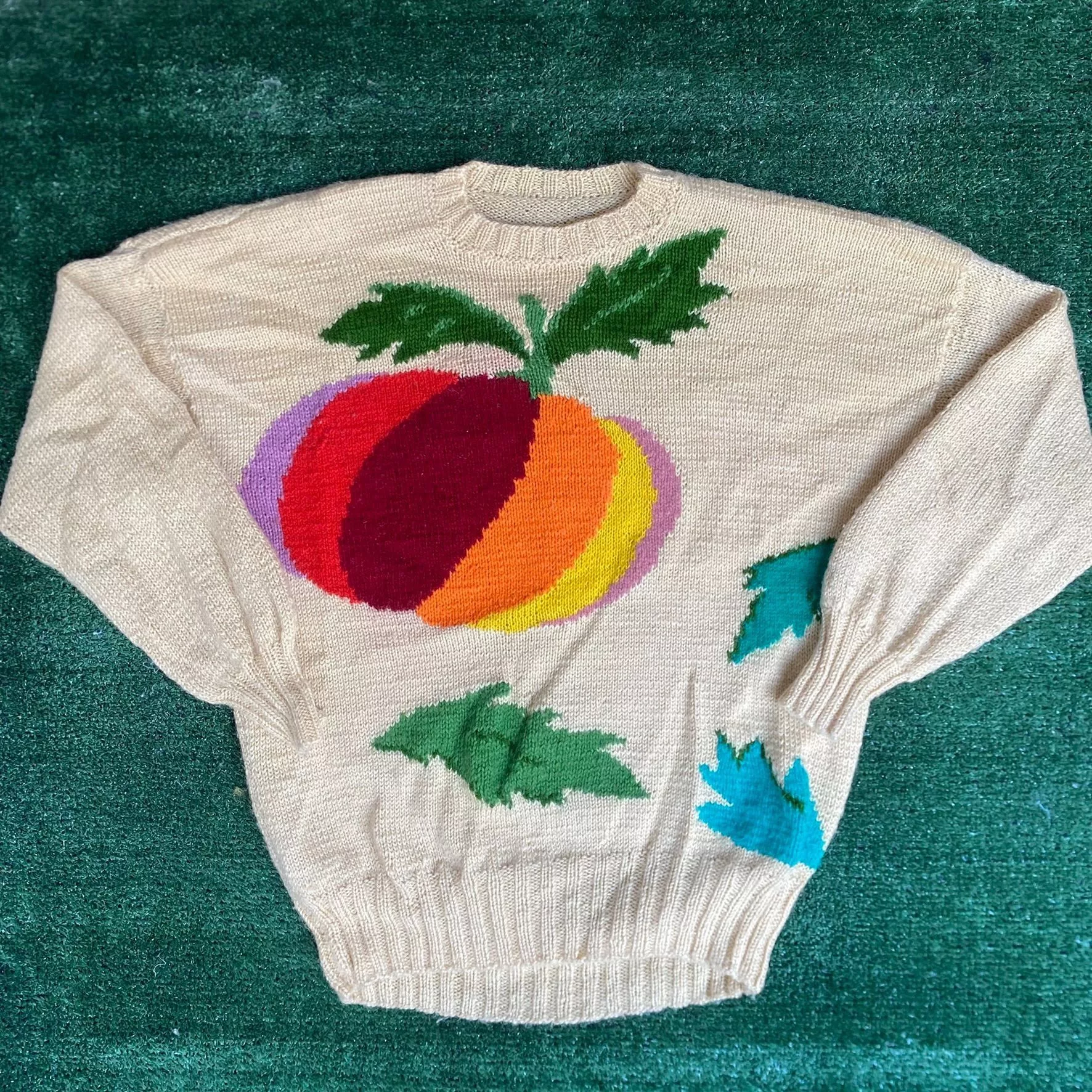 Vintage Sweaters Knitwear Vintage 80s Pumpkin Fruit Sweater Plants Art Knit Crewneck Beige
