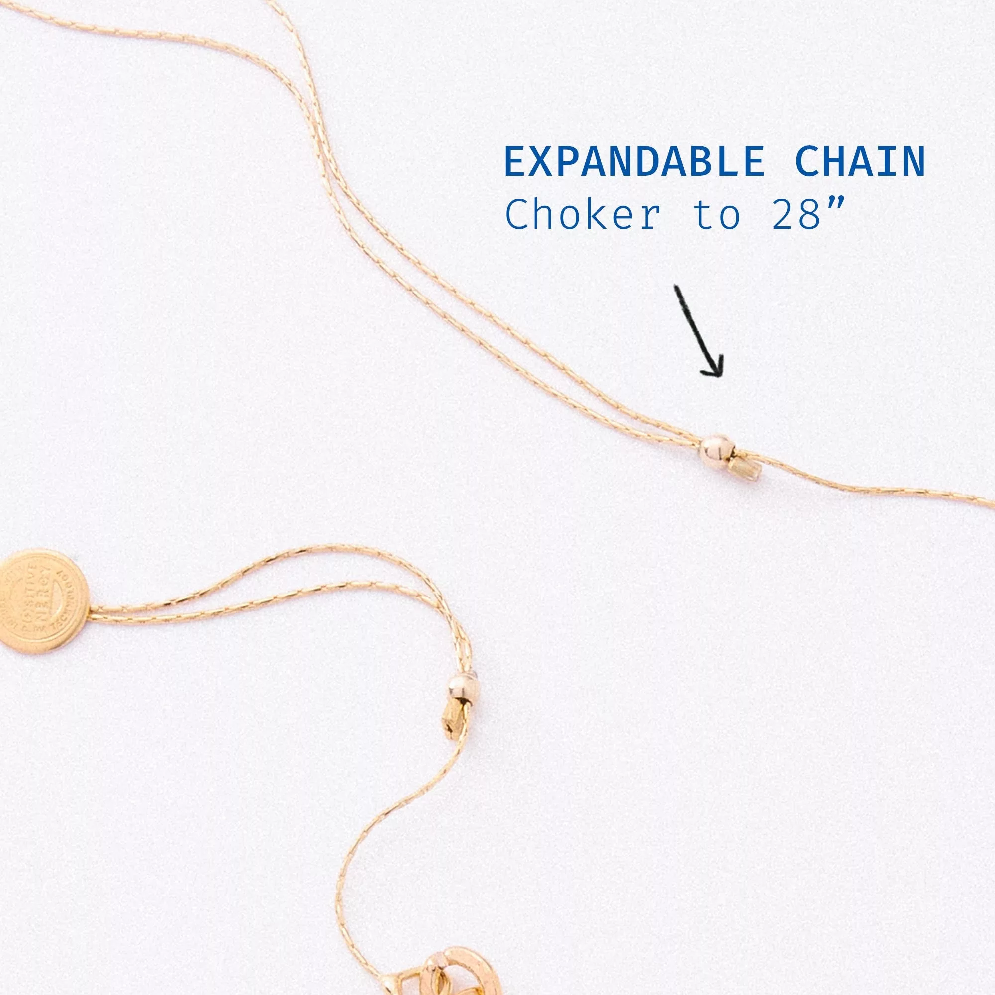 &LIVY The Amethyst Hour Necklace expandable intention chain shown in gold with text Expandable Chain Choker to 28 inches featuring signature coin charm and adjustable length