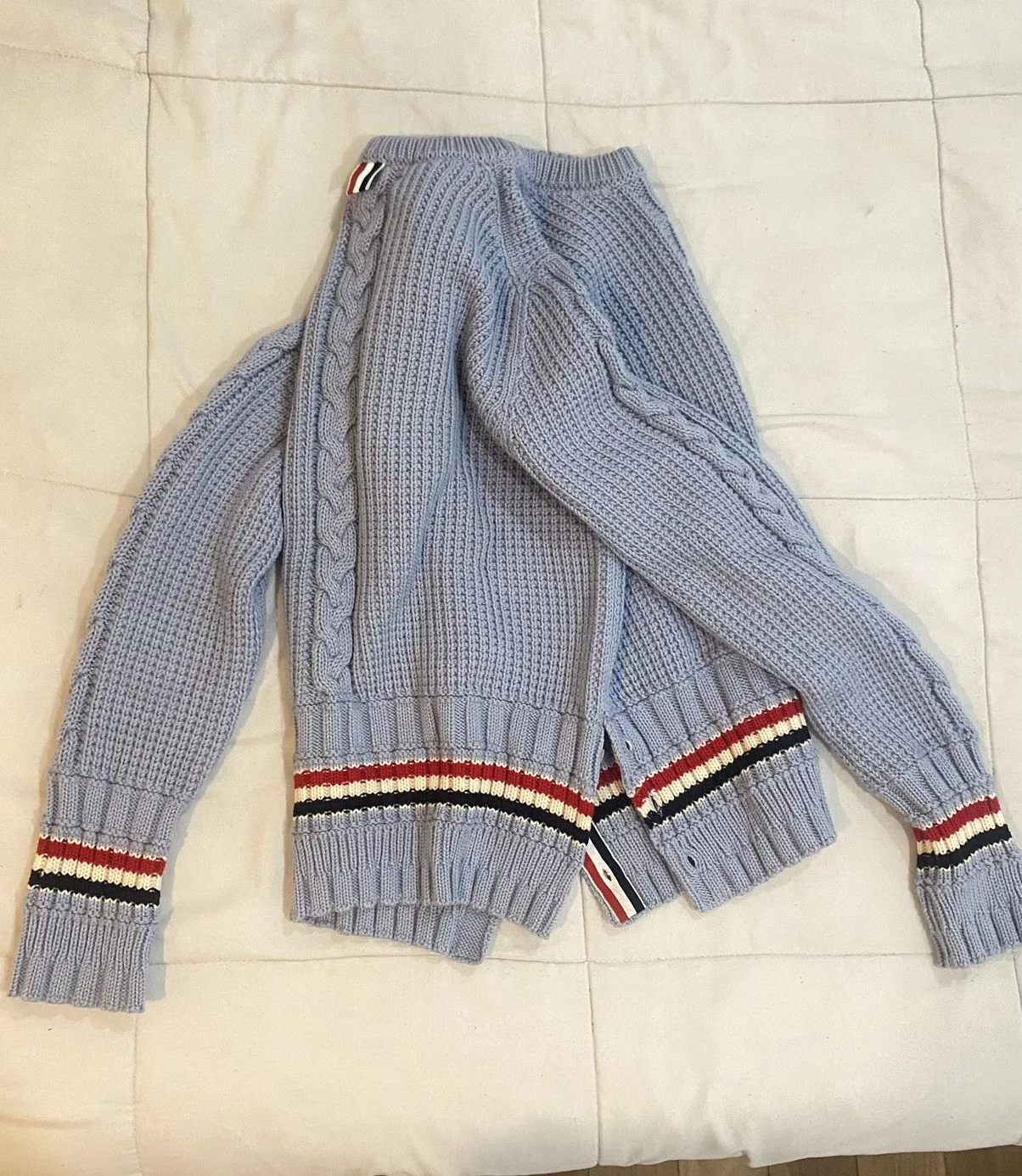 Thom Browne Sweaters Knitwear Thom Browne Cable Knit Merino Wool w/ RWB Stripe Blue