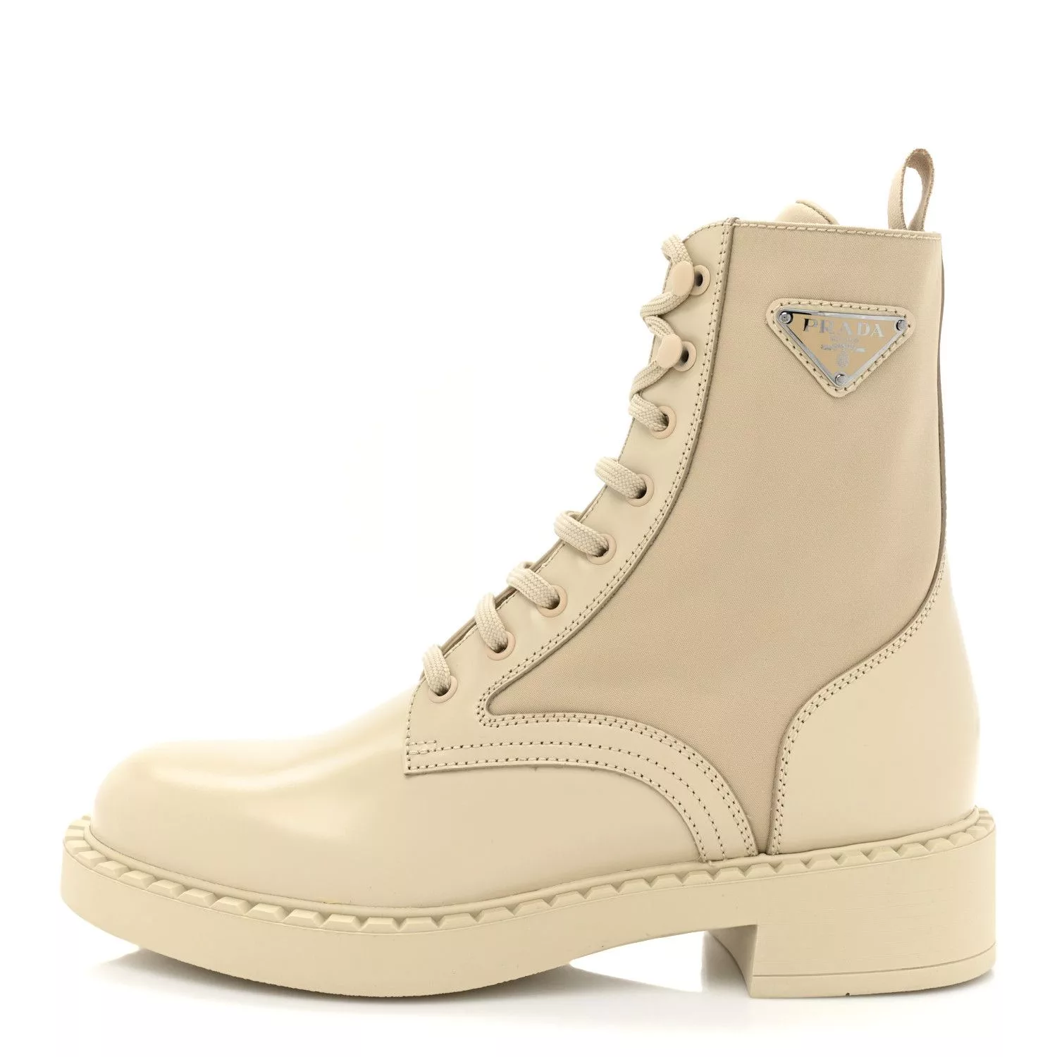 Prada Boots Prada Re-Nylon Triangle Logo Lace Up Boots Beige