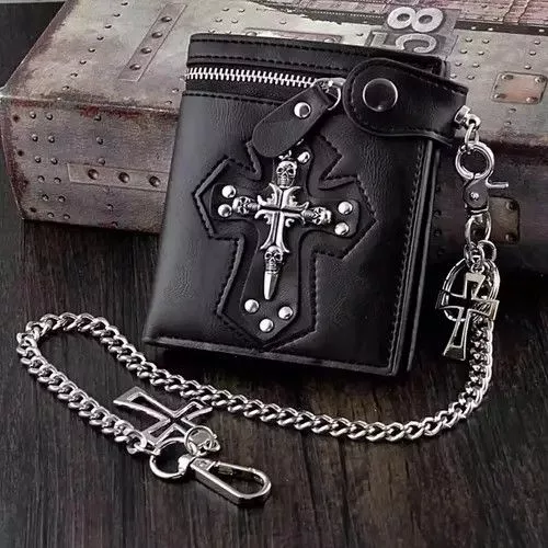 Leather Jewelry Watches Cross Clasp Leather Wallet with Antique Biker Chain Black