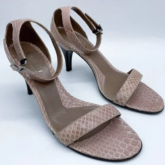 Gucci Heels Gucci Snake Pattern Kitten Heel Ankle Strap Leather Sandal Pink