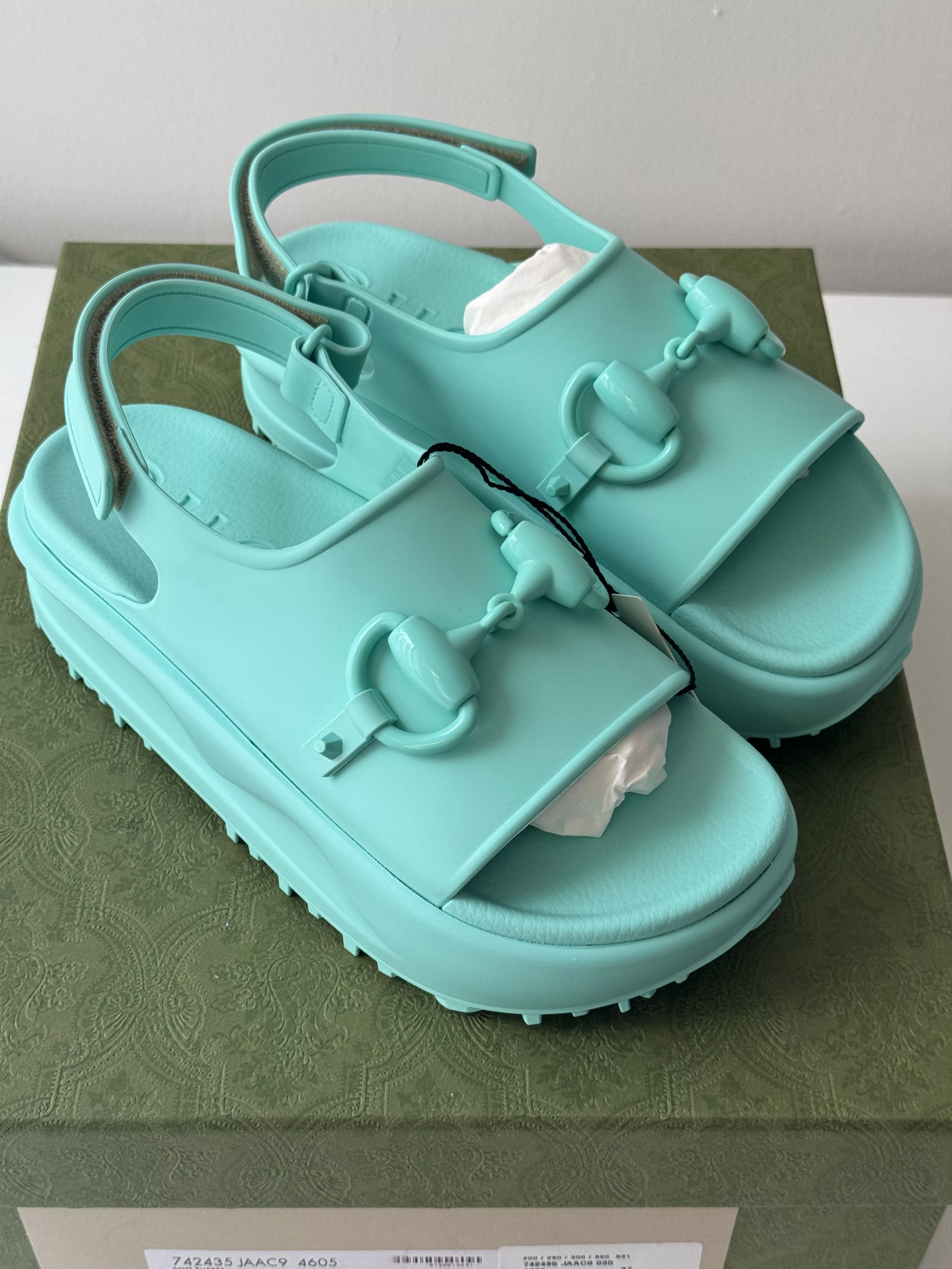 Gucci Sandals 37 - Gucci Horsebit Blue rubber slingback sandal platform