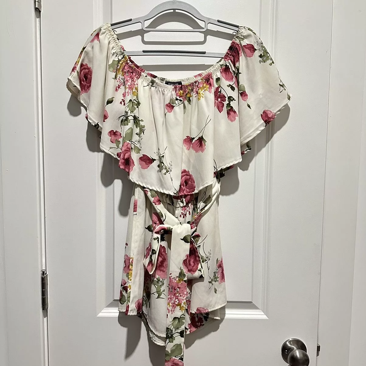 Other Jumpsuits Other Kimcine off the shoulder floral ruffled hem romper Beige