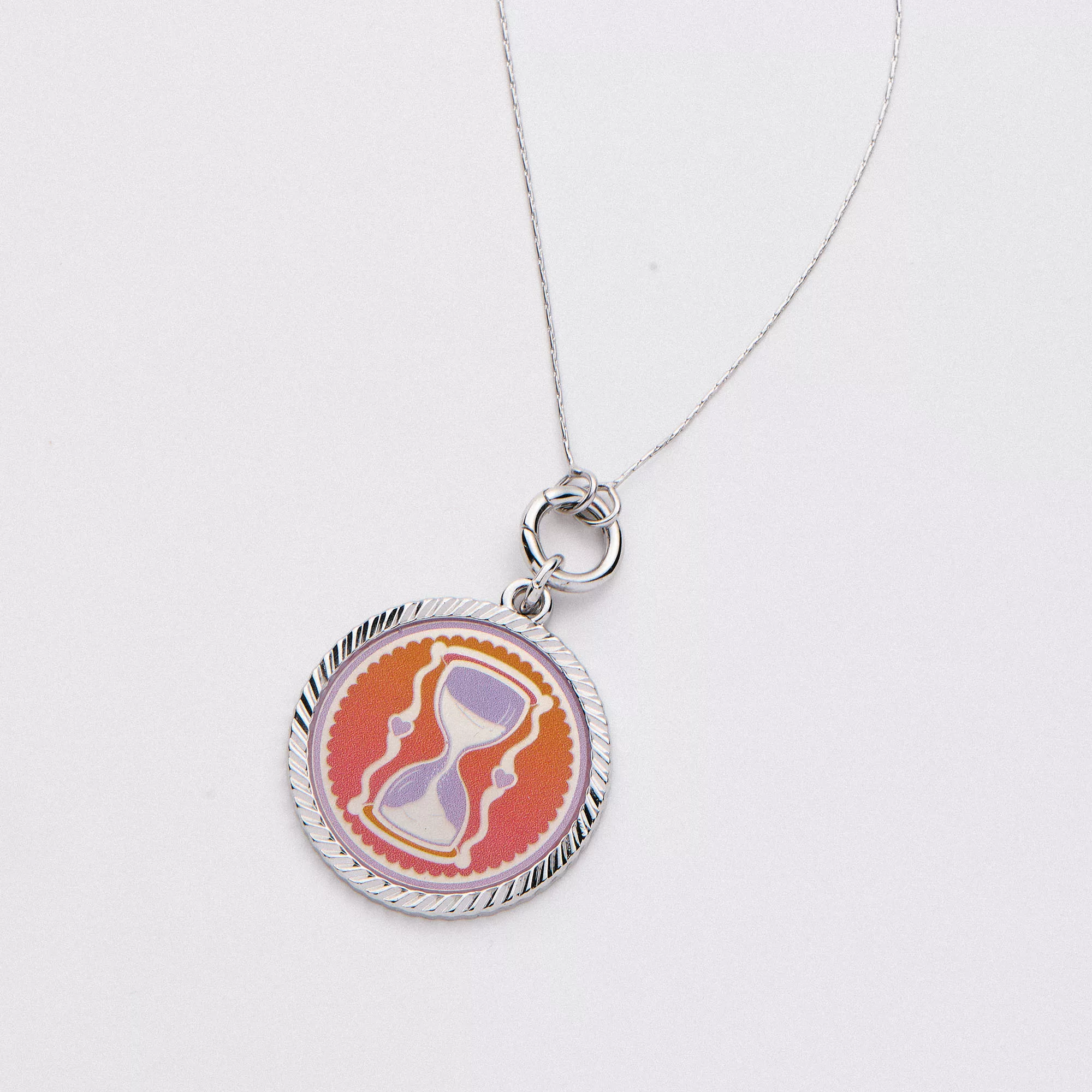 &LIVY Expandable Intention Chain Charm Necklace in silver with colorful enamel hourglass charm pendant in orange pink and purple with rope textured silver border on delicate silver chain