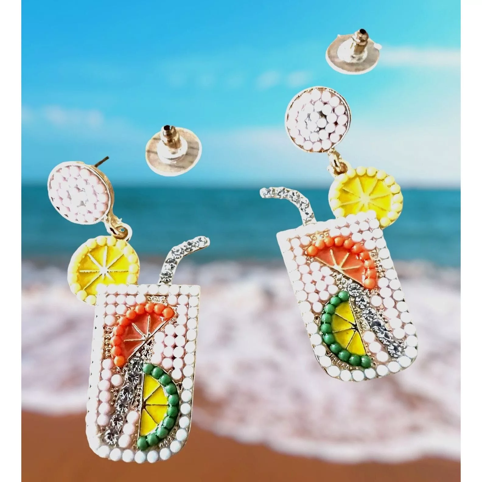 Handmade Earrings Handmade Tropical Cocktail Earrings Beaded Dangle Posts Lemon Lime Cr Multi Vintage