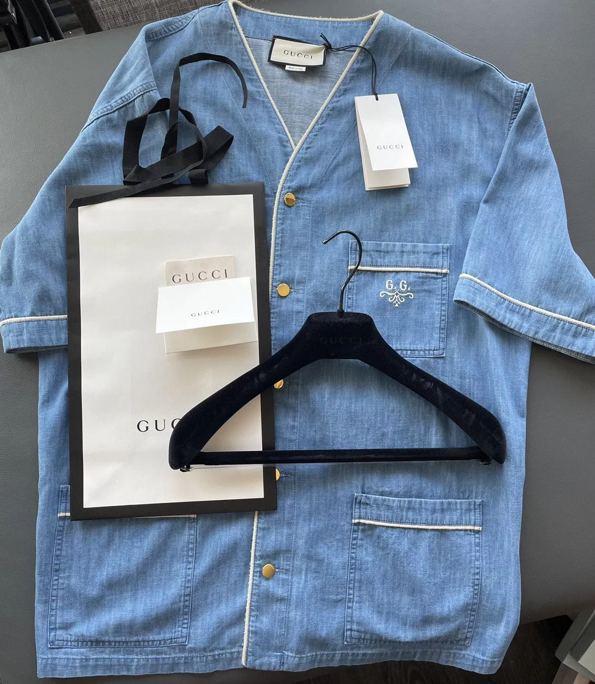 Gucci Shirts Button Ups Gucci Brand New Super Runway Oversized Denim Logo Bowling Shirt Blue