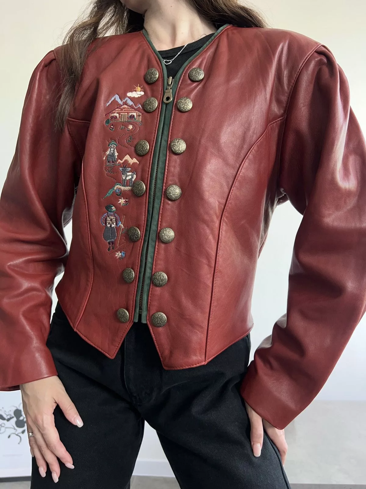 Vintage Leather Jackets RARE Gorgeous Leather Cherry Vintage Jacket with embroidery Red