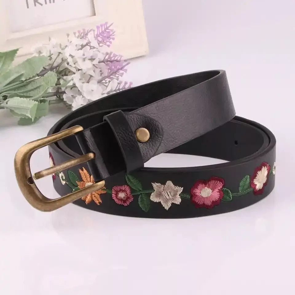 Leather Belts 110 cm Versatile Embroidered Flower Leather Belt Black Streetwear