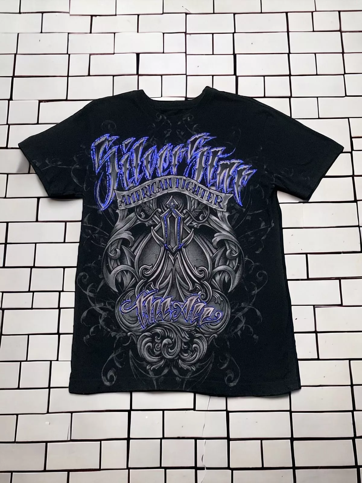 Affliction Short Sleeve T Shirts Affliction × Ed Hardy Affliction Silver Star American Fighter MMA Elites Tshirt Black Streetwear