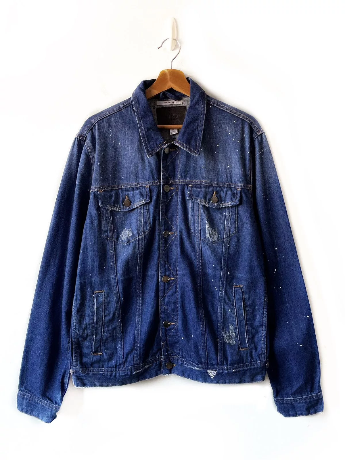 Designer Denim Jackets Designer × Guess Guess Jeans Denim Rex Jacket Distressed Paint Splatter Blue Vintage