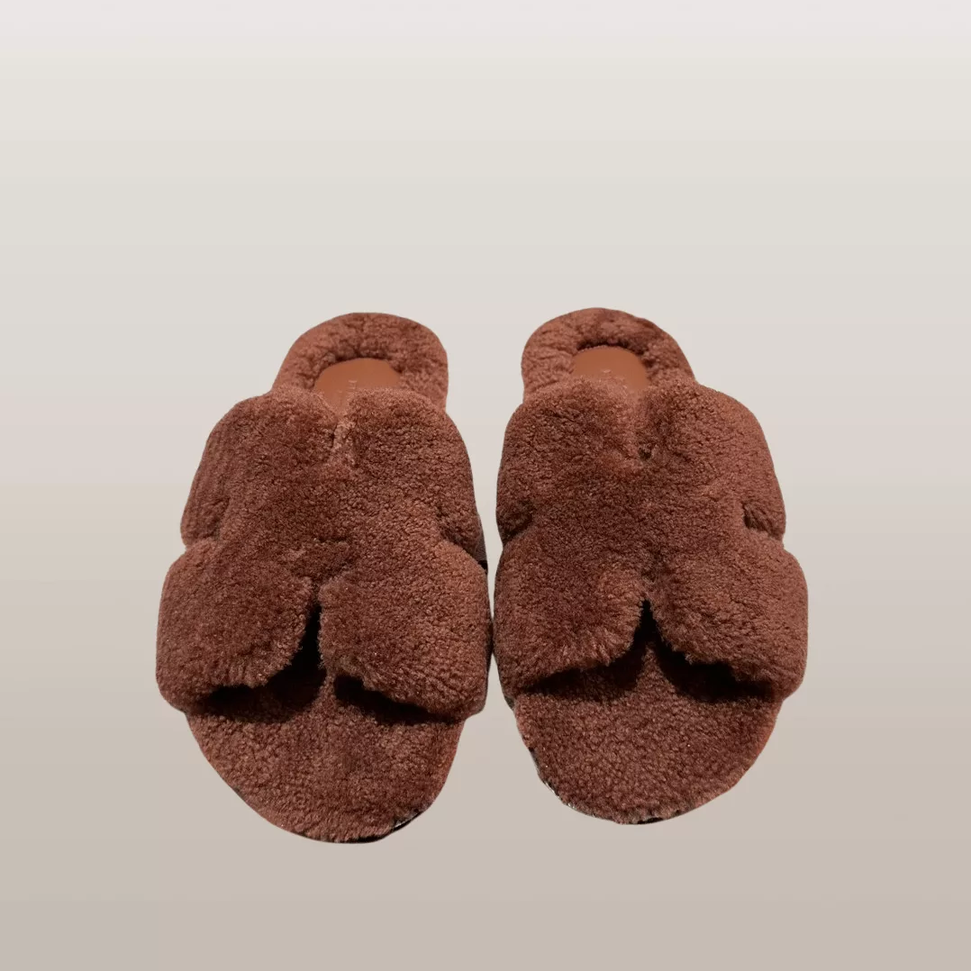 Hermes Sandals Hermes Izmir Cognac Brown Shearling Mule Sandals Multi