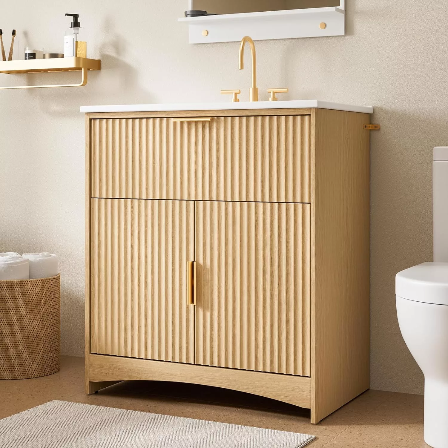 AMADA HOMEFURNISHING 30 in Bathroom Vanity with Ceramic Sink Fluted Free Standing Cabinet Natural Oak