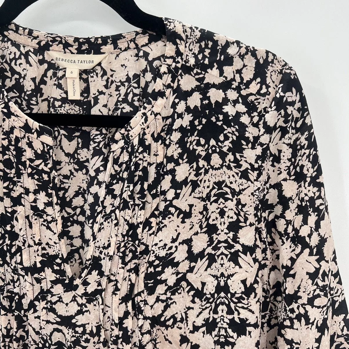 Rebecca Taylor Blouses Rebecca Taylor 100% Silk Peplum Floral Popover Blouse Shirt Black