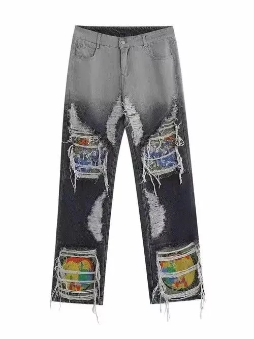 Jean Denim Embroidered Loose Straight Leg Ripped Jeans Black