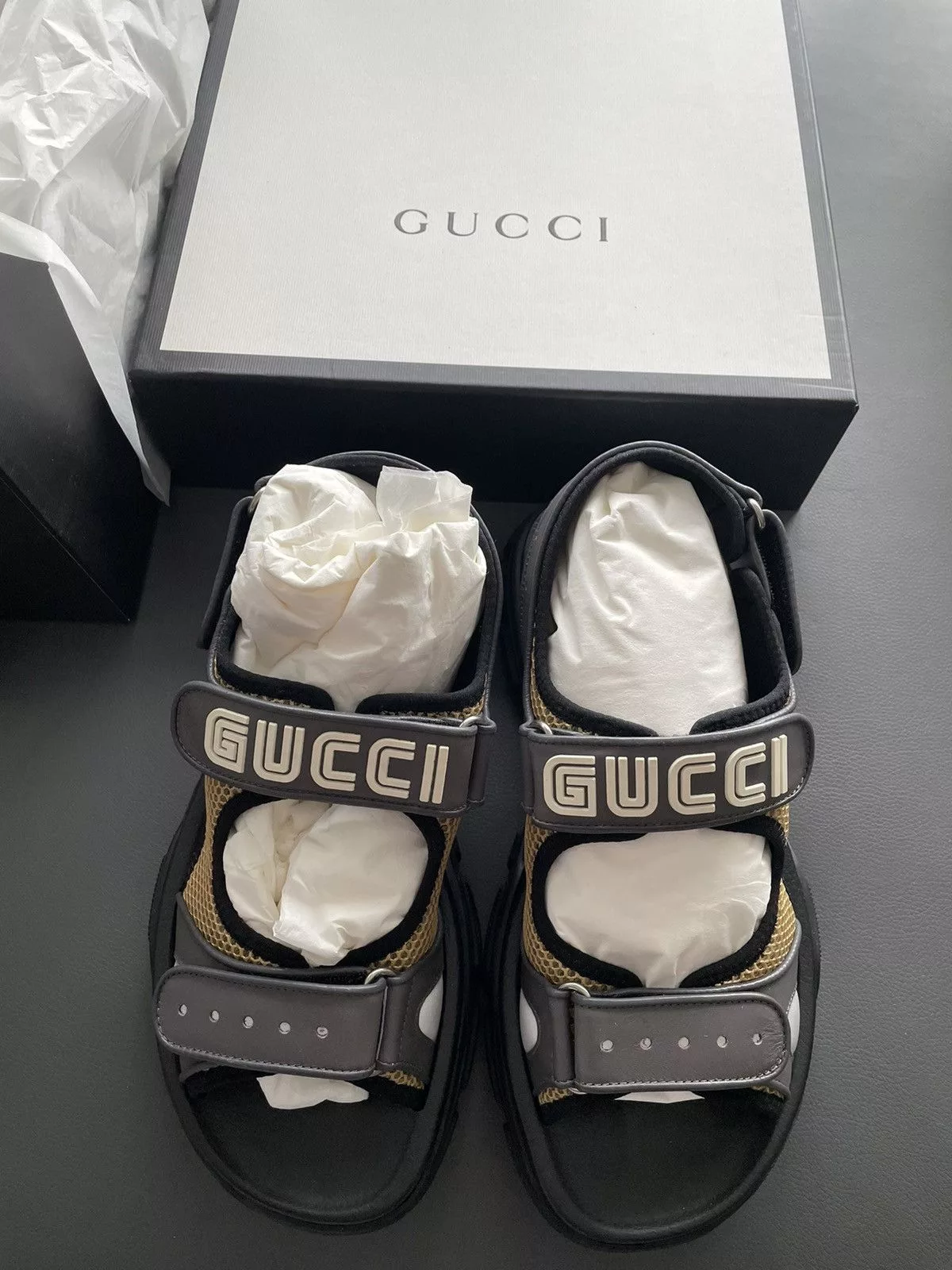 Gucci Sandals Rare Limited Edition Runway Leather Gucci Logo Sandal New Multi