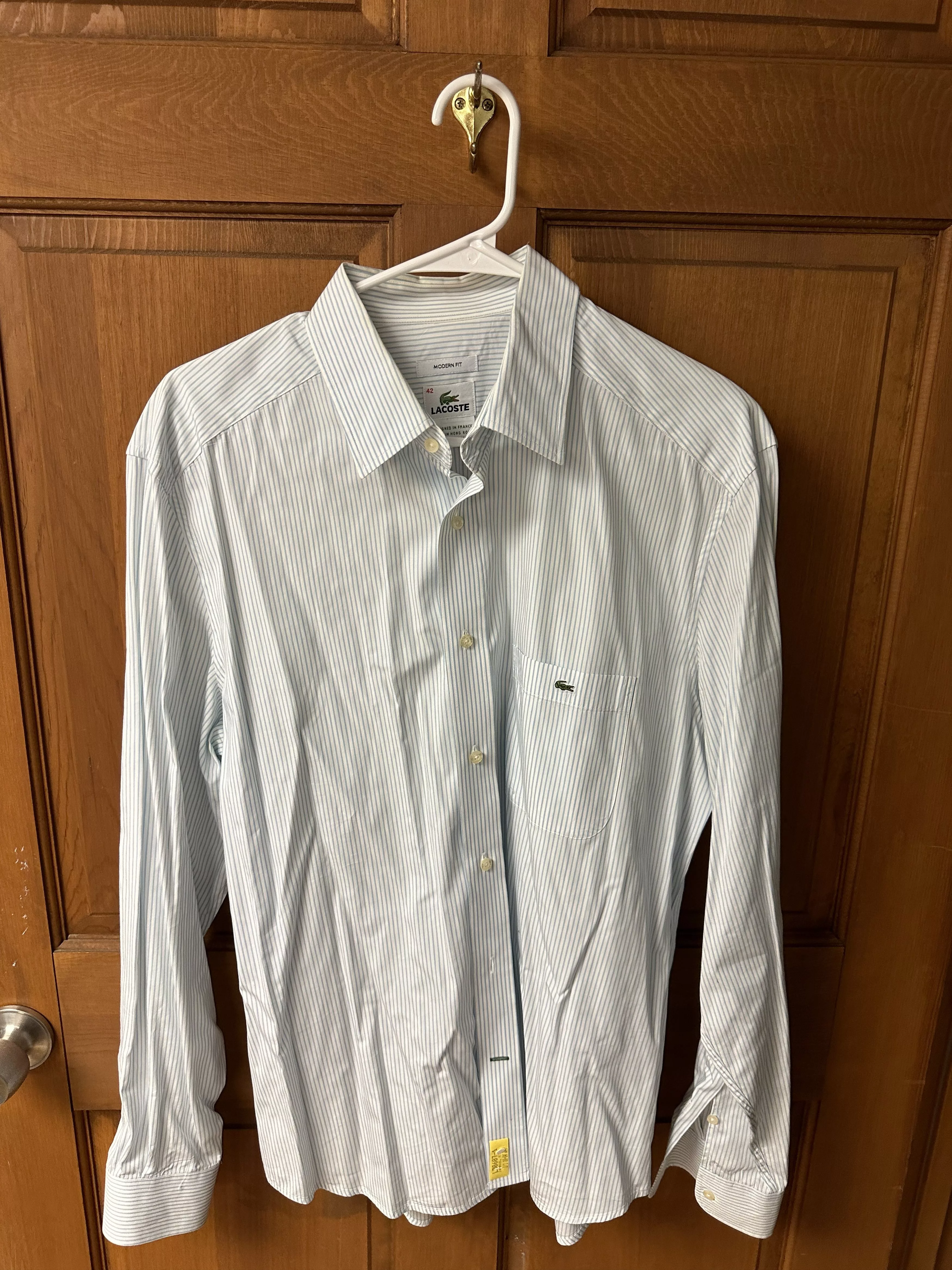Lacoste Shirts Button Ups Lacoste Men's Light Blue and White Stripped Shirt Size 42 Multi