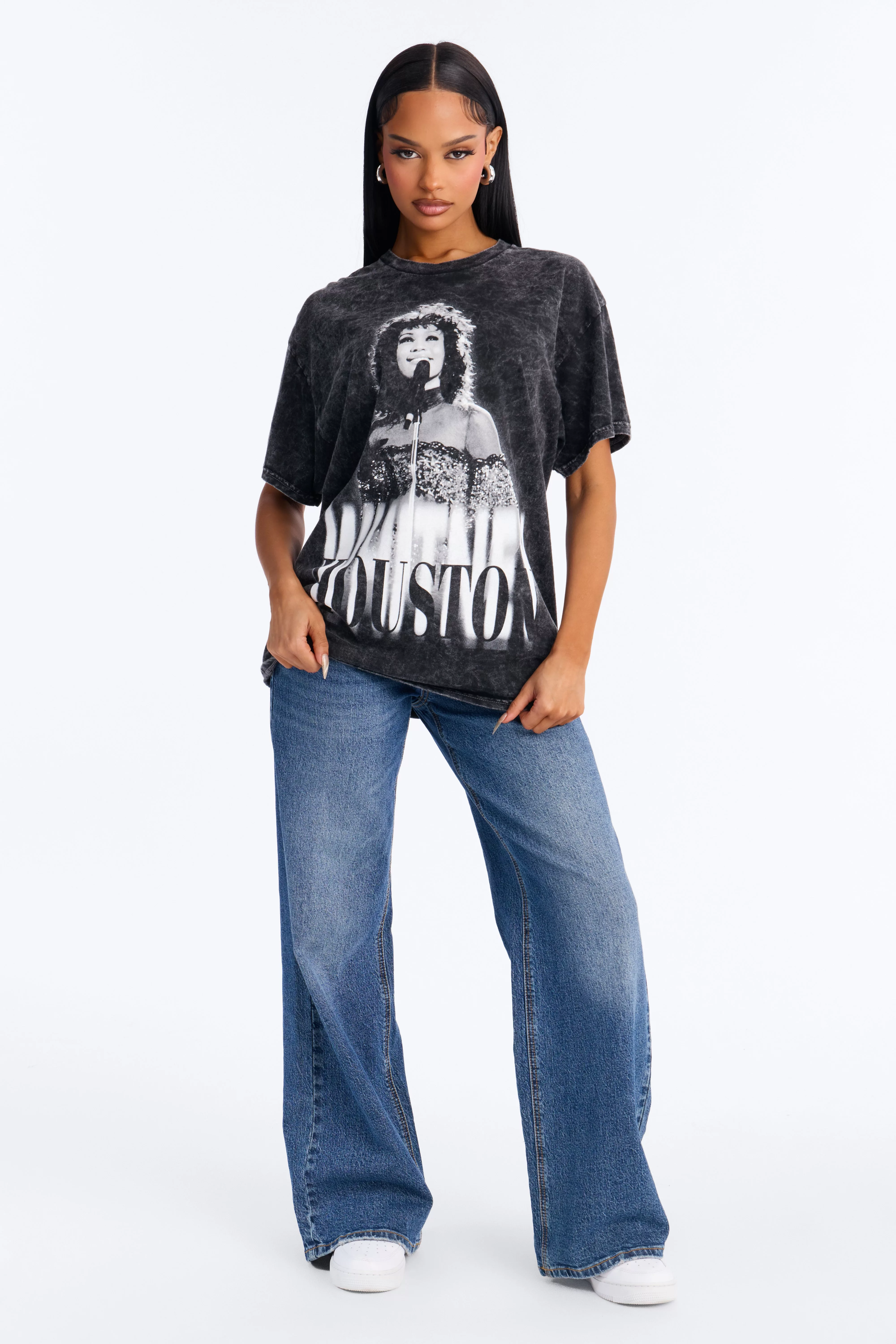 Whitney Houston Muse Washed Oversized Tee - Charcoal