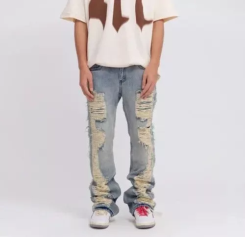 Handmade Denim Handmade Ripped frayed hole blue washed baggy jeans Avant-Garde
