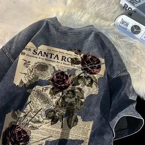 Designer Shirts Button Ups Designer Rose Graphic Short Sleeve Oversized Gray Streetwear
