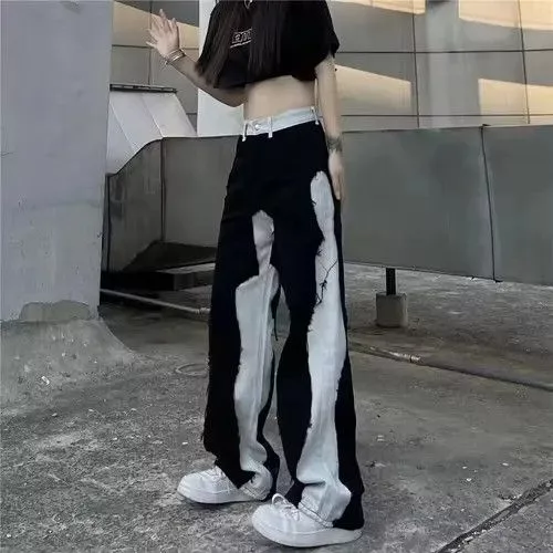 Jean Pants High Street Splicing Straight Jeans Black Avant-Garde
