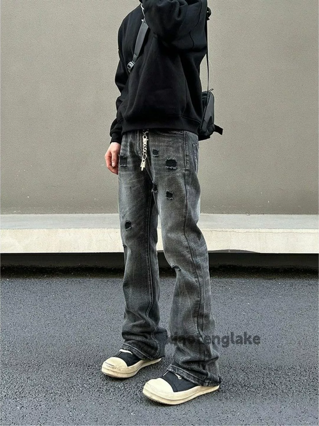 Jean Denim Jean × Vintage faded flared punk damaged ripped jeans Black